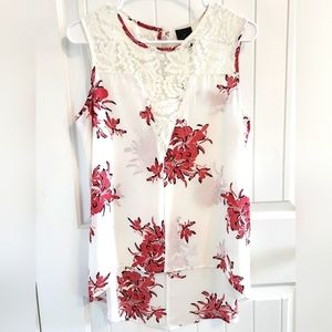 Worthington Sleeveless White Lace & Pink Lily Flower Shirt Top Size Large